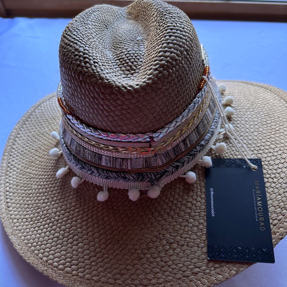 Handmade Jeweled Colombian Hat Evil Eye NEW SMALL Silver Neutral Beach Seashell - Picture 3 of 8